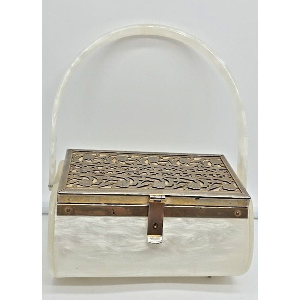 Vtg Tyrolene Lucite‎ Purse Metal Filigree Single Handle 1940's Mid Century Purse